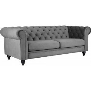 Royal Chesterfield 3-sits soffa i grå sammet + Möbelvårdskit för textilier